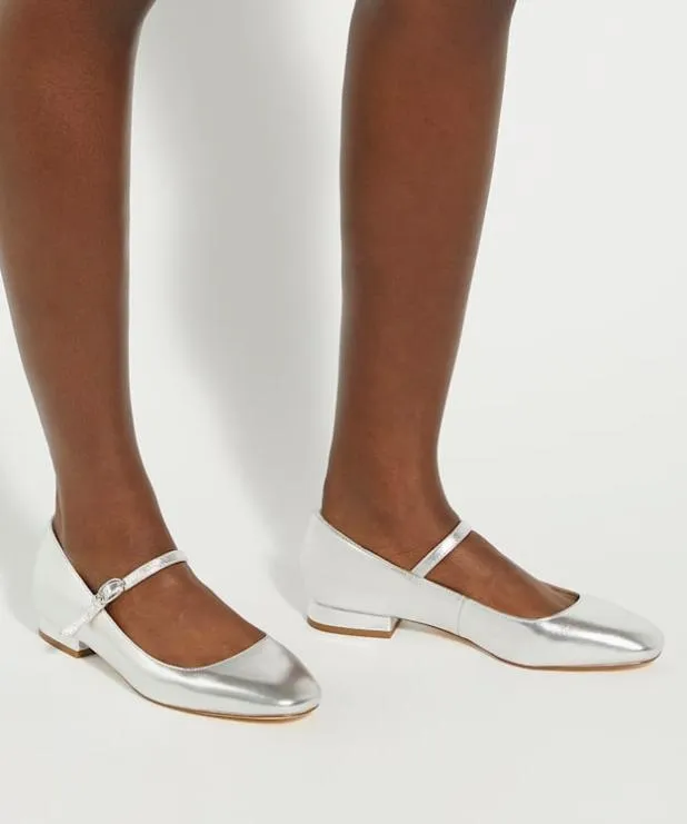 Dune London Flat Shoes Women Silver Low Heel Mary Janes Metallic