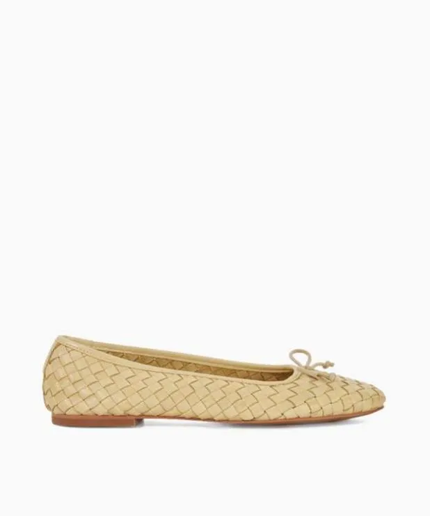 Dune London Flat Shoes Women Woven Leather Bow Detail Ballet Pumps Yellow