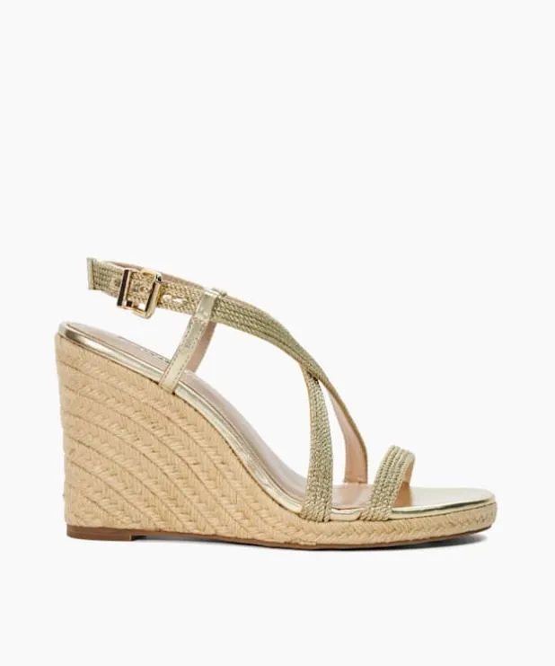 Dune London Heeled Sandals Women Embellished Raffia Wedge Metallic