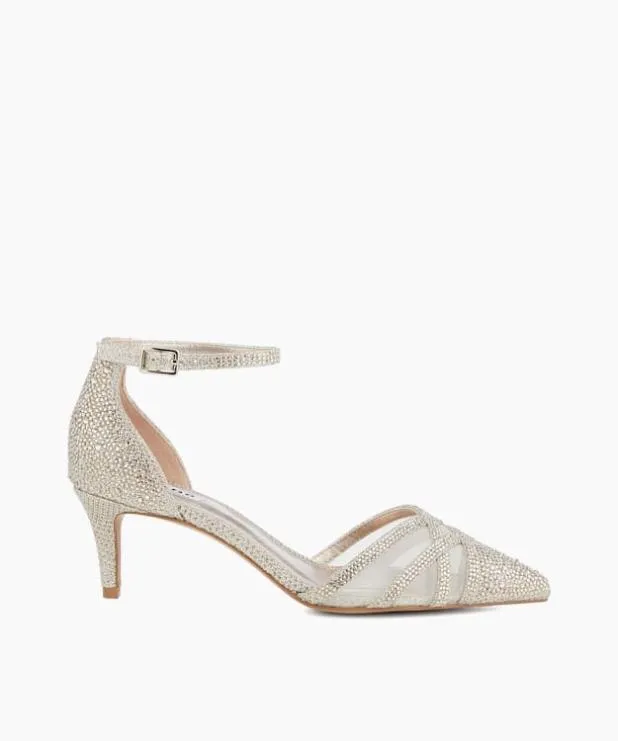 Dune London Heels Women Embellished Ankle Strap Open Courts Metallic