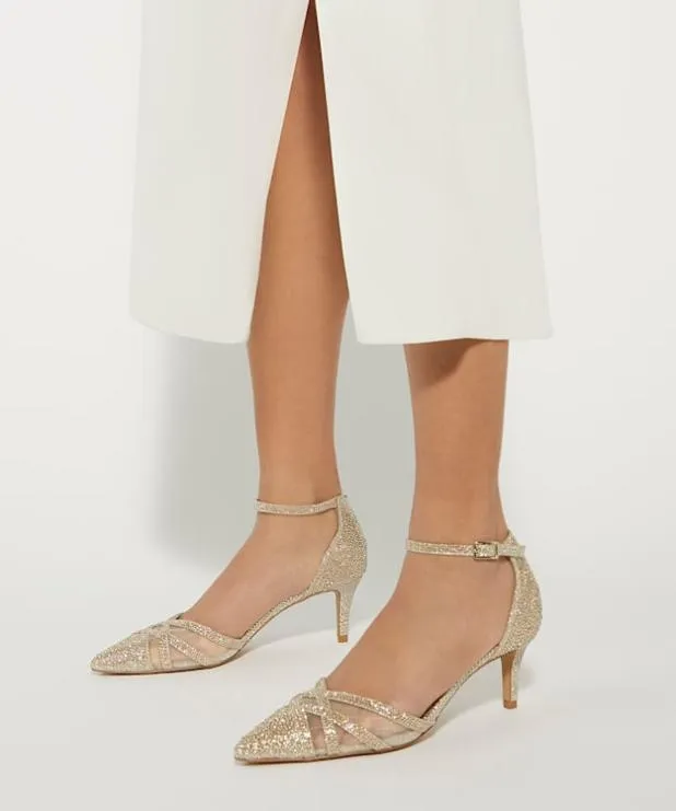 Dune London Heels Women Embellished Ankle Strap Open Courts Metallic