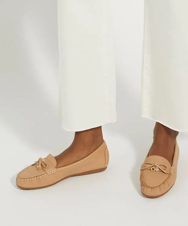 Dune London Loafers Women Leather Moccasins With Bow Detail Brown