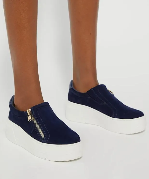 Dune London Trainers Women Suede Side Zip Chunky Flatform Trainers Blue