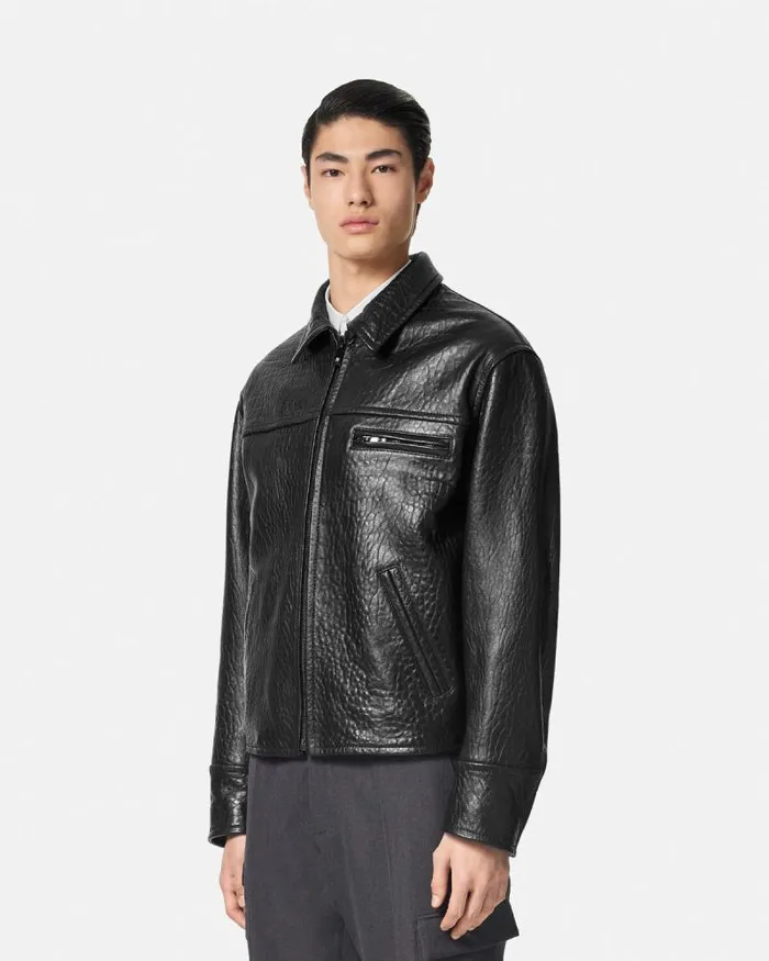 ElephantEffect Leather Blouson Jacket Black Men Versace Jackets and Coats