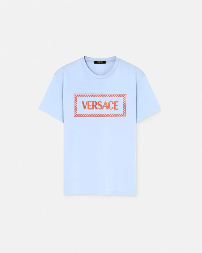 Embroidered 03990s Vintage Logo TShirt Light Blue Men Versace TShirts and Polos
