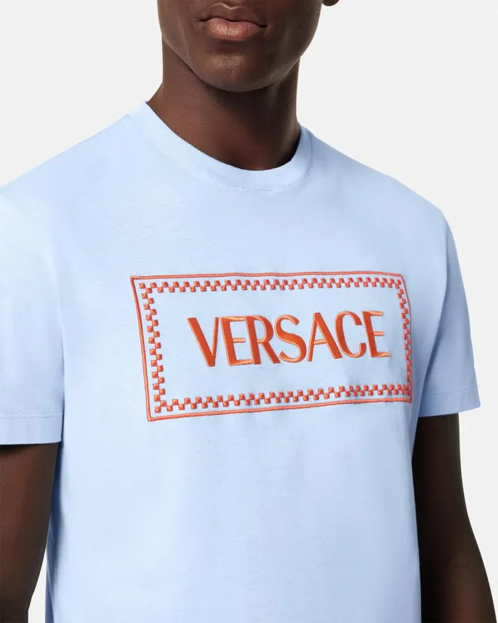 Embroidered 03990s Vintage Logo TShirt Light Blue Men Versace TShirts and Polos