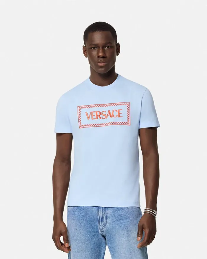 Embroidered 03990s Vintage Logo TShirt Light Blue Men Versace TShirts and Polos