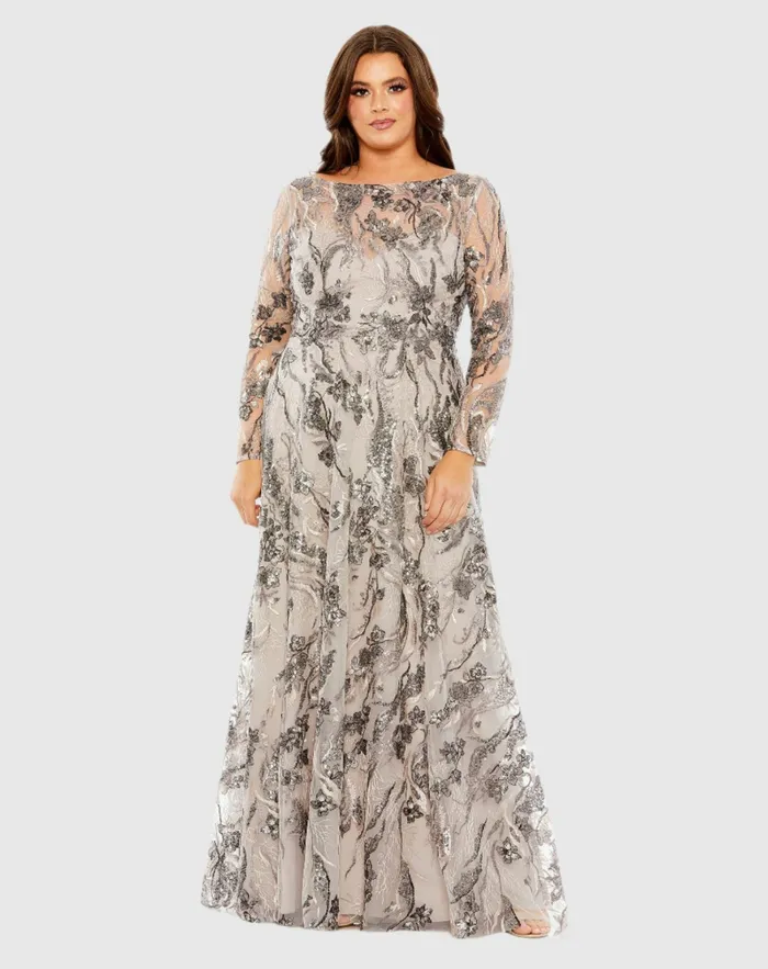 Embroidered Long Sleeve A Line Gown Taupe Women Plus Size Dresses Mac Duggal