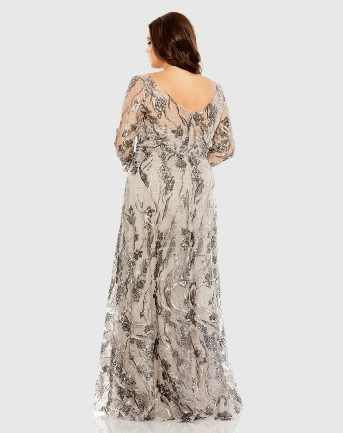 Embroidered Long Sleeve A Line Gown Taupe Women Plus Size Dresses Mac Duggal