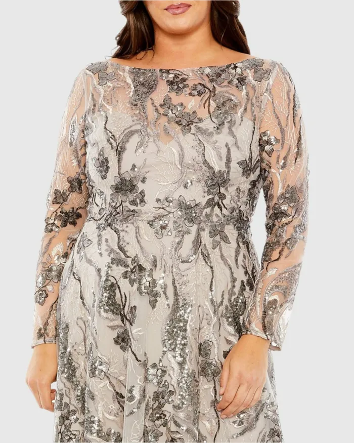Embroidered Long Sleeve A Line Gown Taupe Women Plus Size Dresses Mac Duggal