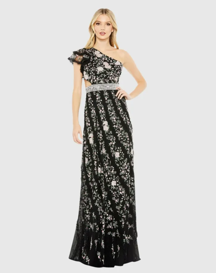 Embroidered Ruffled One Shoulder Lace Up Gown Black Multi Daytime Dresses Mac Duggal Women