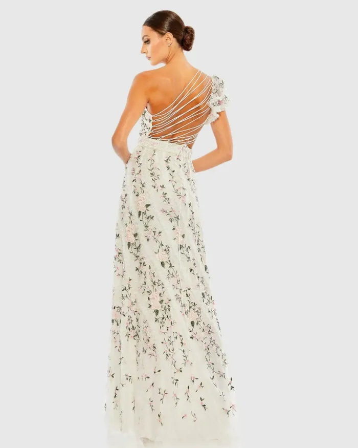 Embroidered Ruffled One Shoulder Lace Up Gown Black Multi Daytime Dresses Mac Duggal Women