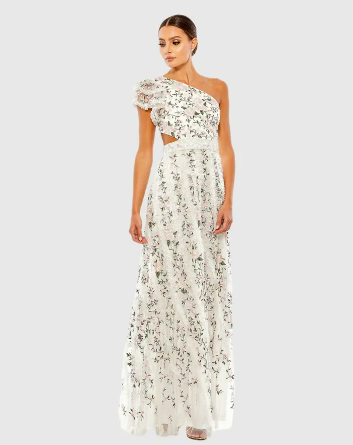 Embroidered Ruffled One Shoulder Lace Up Gown Black Multi Daytime Dresses Mac Duggal Women