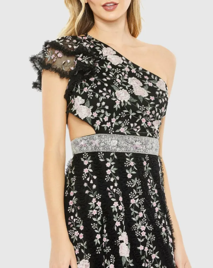 Embroidered Ruffled One Shoulder Lace Up Gown Black Multi Daytime Dresses Mac Duggal Women