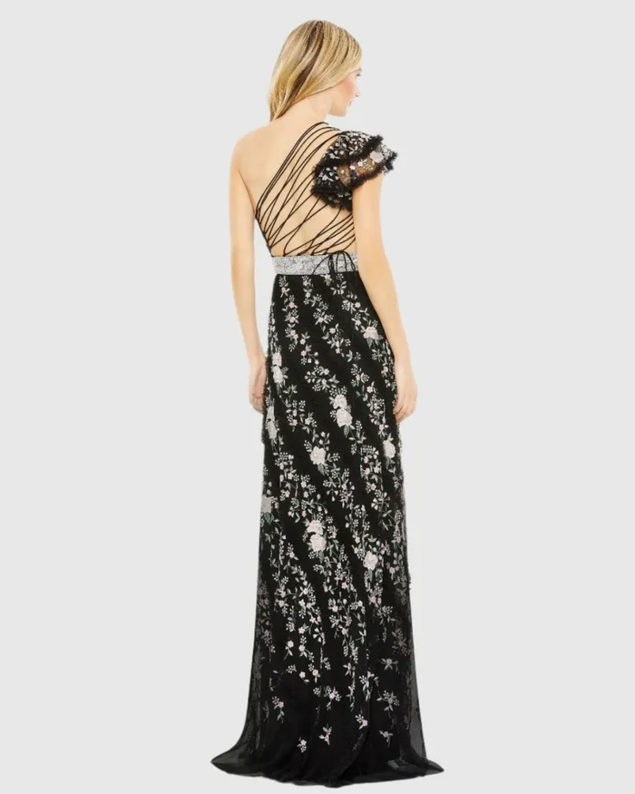 Embroidered Ruffled One Shoulder Lace Up Gown Black Multi Daytime Dresses Mac Duggal Women