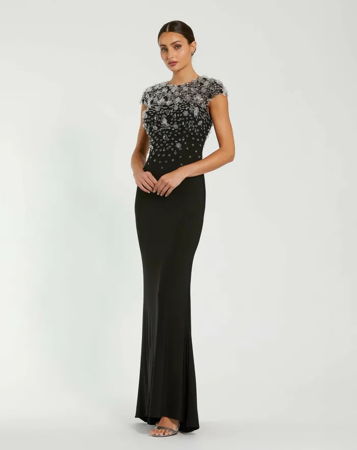 Evening Gowns Crystal Embellished Jersey Fitted Cap Sleeve Gown Black Mac Duggal Women Evening Gowns Crystal Embellished Jersey Fitted Cap Sleeve Gown Black Mac Duggal Women