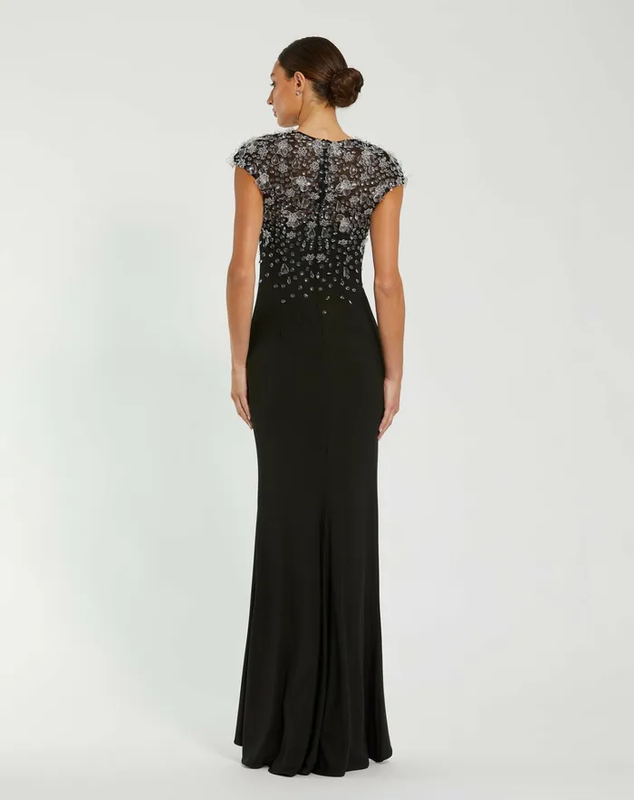 Evening Gowns Crystal Embellished Jersey Fitted Cap Sleeve Gown Black Mac Duggal Women