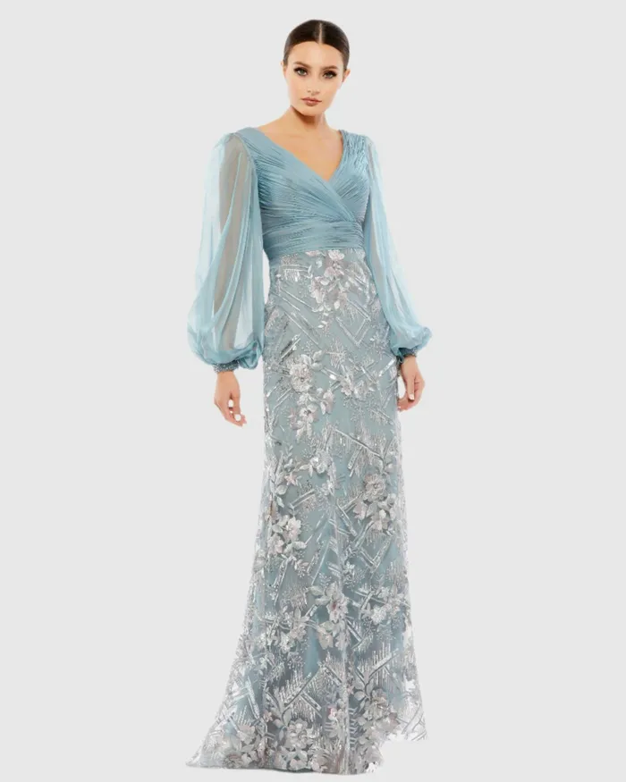 Evening Gowns Mac Duggal Women Illusion Puff Sleeve Pleated Bodice Embellished Gown Slate Blue Evening Gowns Mac Duggal Women Illusion Puff Sleeve Pleated Bodice Embellished Gown Slate Blue