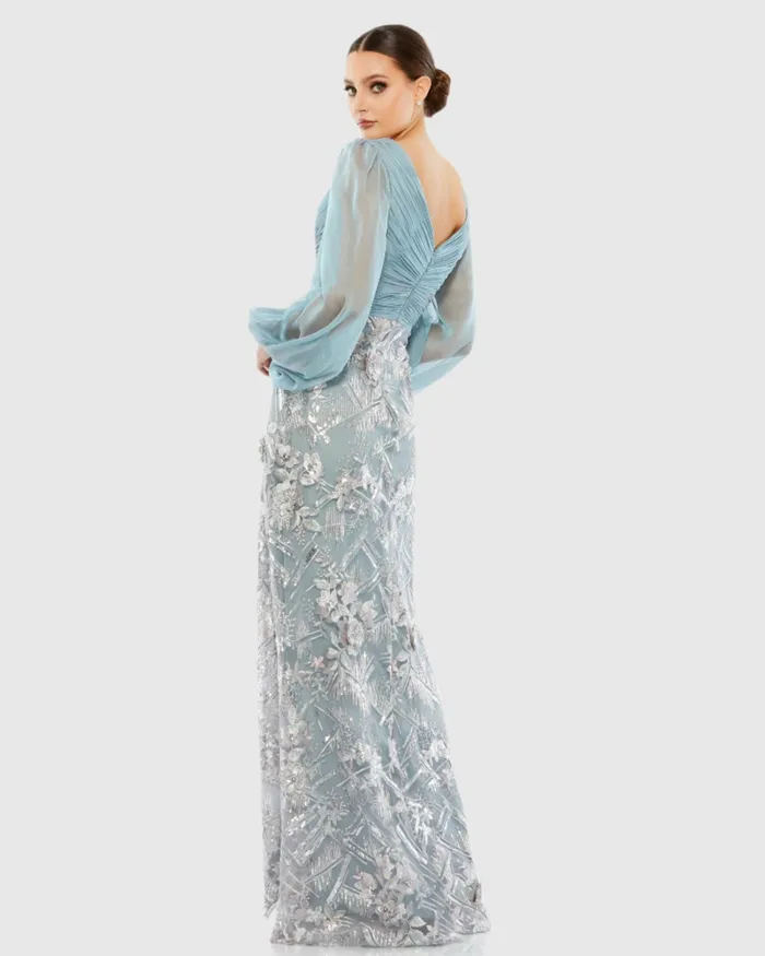 Evening Gowns Mac Duggal Women Illusion Puff Sleeve Pleated Bodice Embellished Gown Slate Blue Evening Gowns Mac Duggal Women Illusion Puff Sleeve Pleated Bodice Embellished Gown Slate Blue