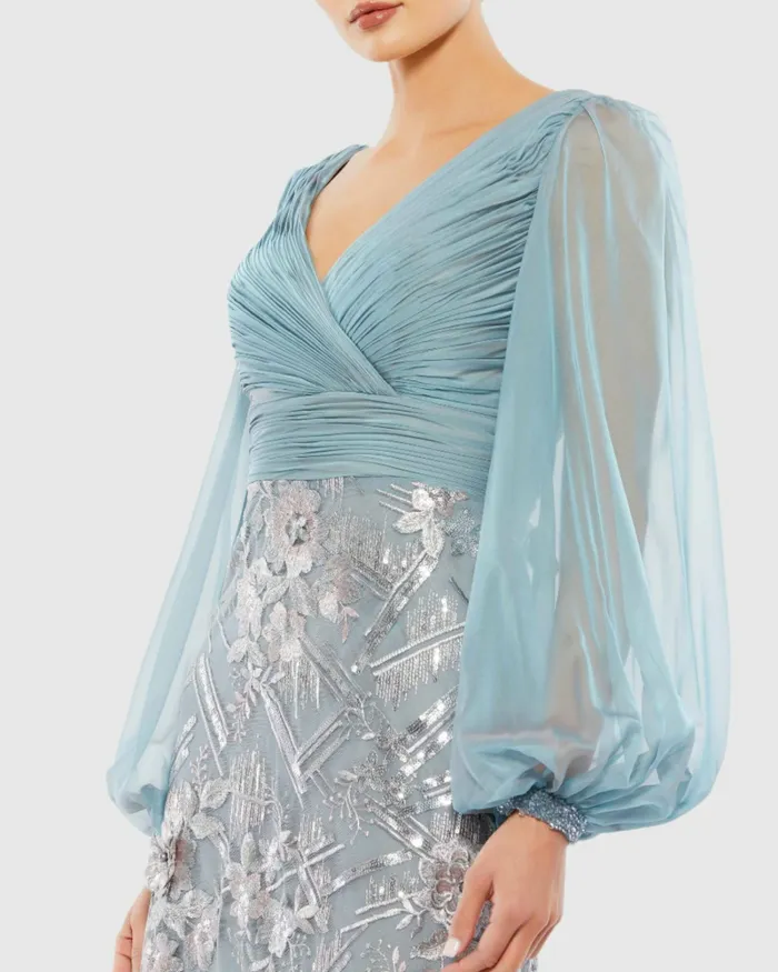 Evening Gowns Mac Duggal Women Illusion Puff Sleeve Pleated Bodice Embellished Gown Slate Blue Evening Gowns Mac Duggal Women Illusion Puff Sleeve Pleated Bodice Embellished Gown Slate Blue