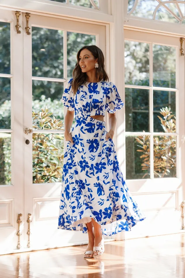 Event Dresses Aminah Puff Sleeve Dress Blue Floral Petal and Pup Women