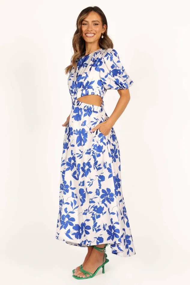 Event Dresses Aminah Puff Sleeve Dress Blue Floral Petal and Pup Women
