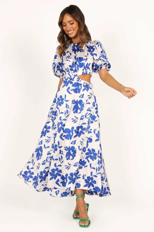Event Dresses Aminah Puff Sleeve Dress Blue Floral Petal and Pup Women