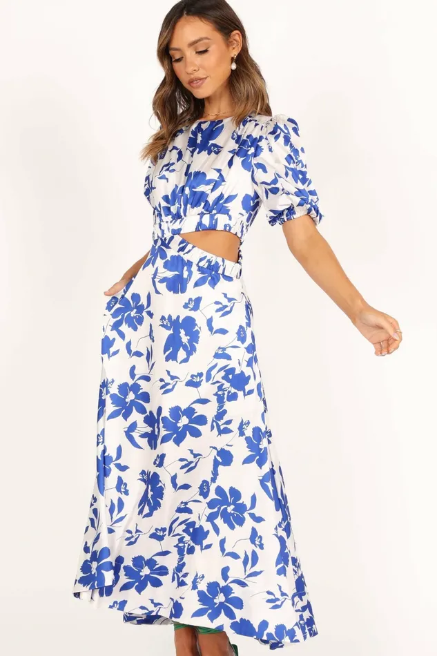 Event Dresses Aminah Puff Sleeve Dress Blue Floral Petal and Pup Women
