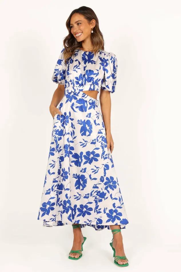 Event Dresses Aminah Puff Sleeve Dress Blue Floral Petal and Pup Women