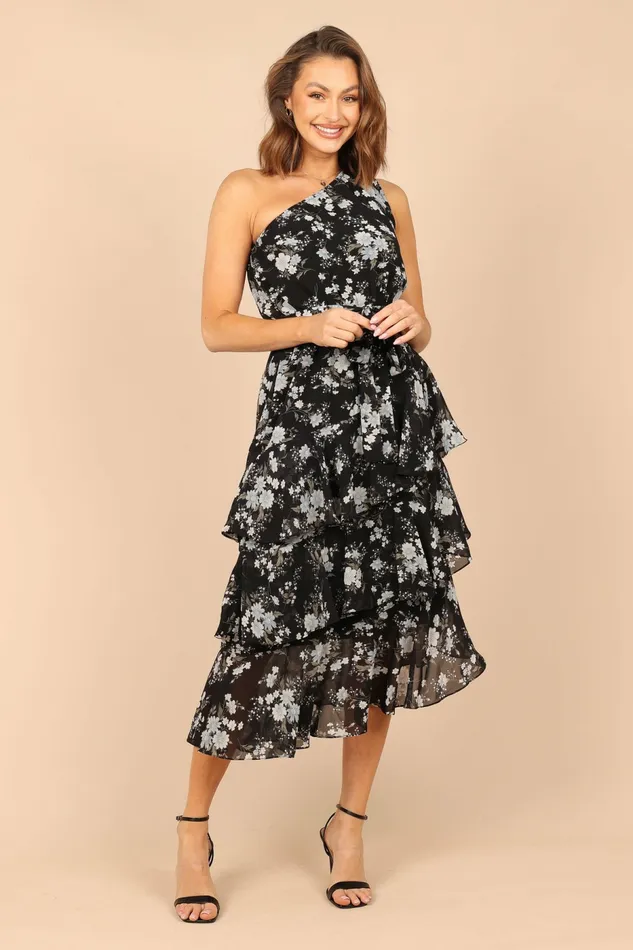 Event Dresses Petal and Pup Women Brigette One Shoulder Tiered Midi Dress Black Floral