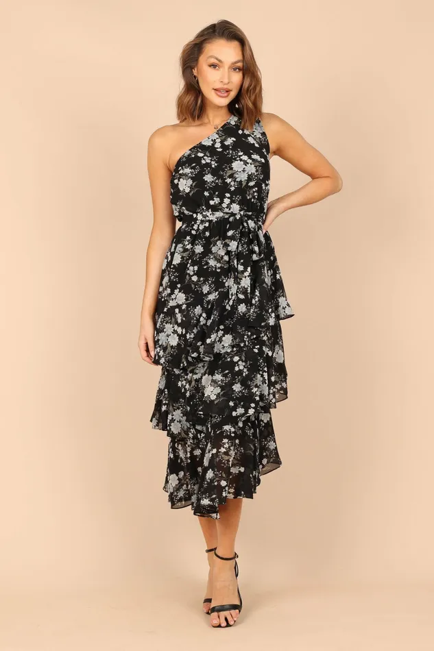 Event Dresses Petal and Pup Women Brigette One Shoulder Tiered Midi Dress Black Floral