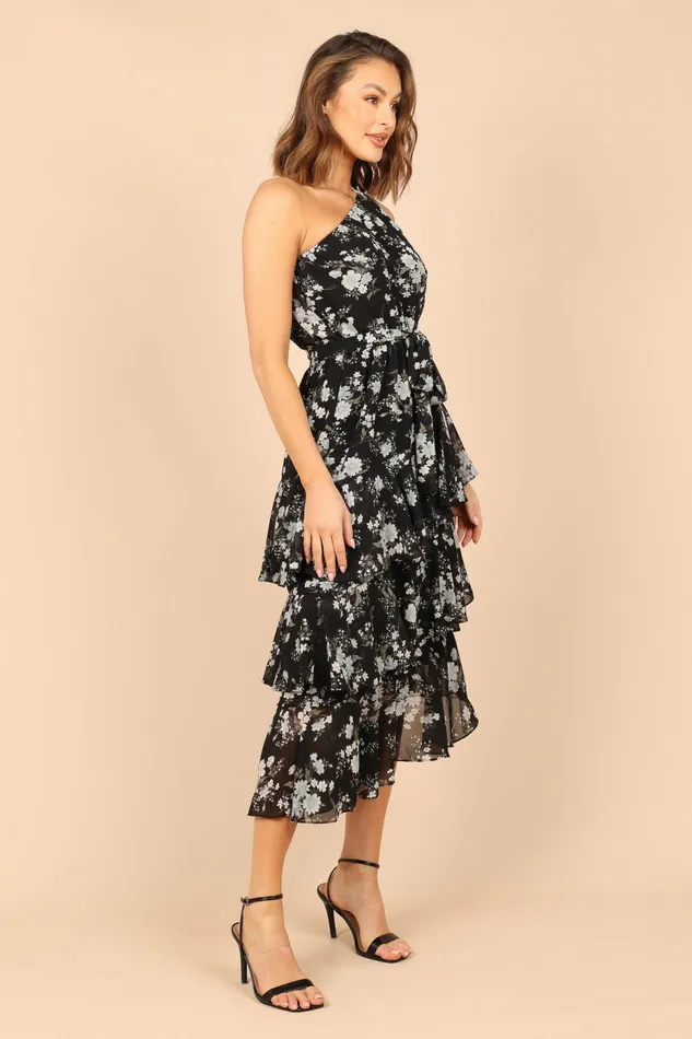 Event Dresses Petal and Pup Women Brigette One Shoulder Tiered Midi Dress Black Floral