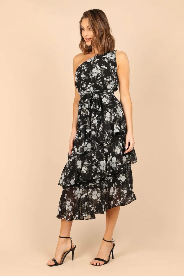 Event Dresses Petal and Pup Women Brigette One Shoulder Tiered Midi Dress Black Floral