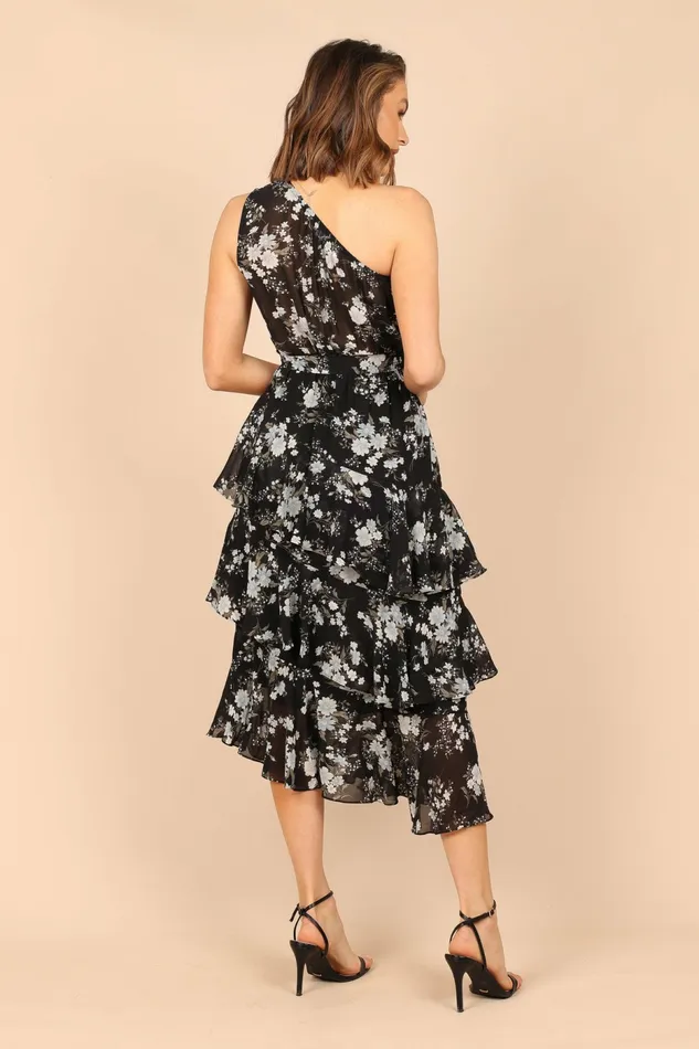 Event Dresses Petal and Pup Women Brigette One Shoulder Tiered Midi Dress Black Floral