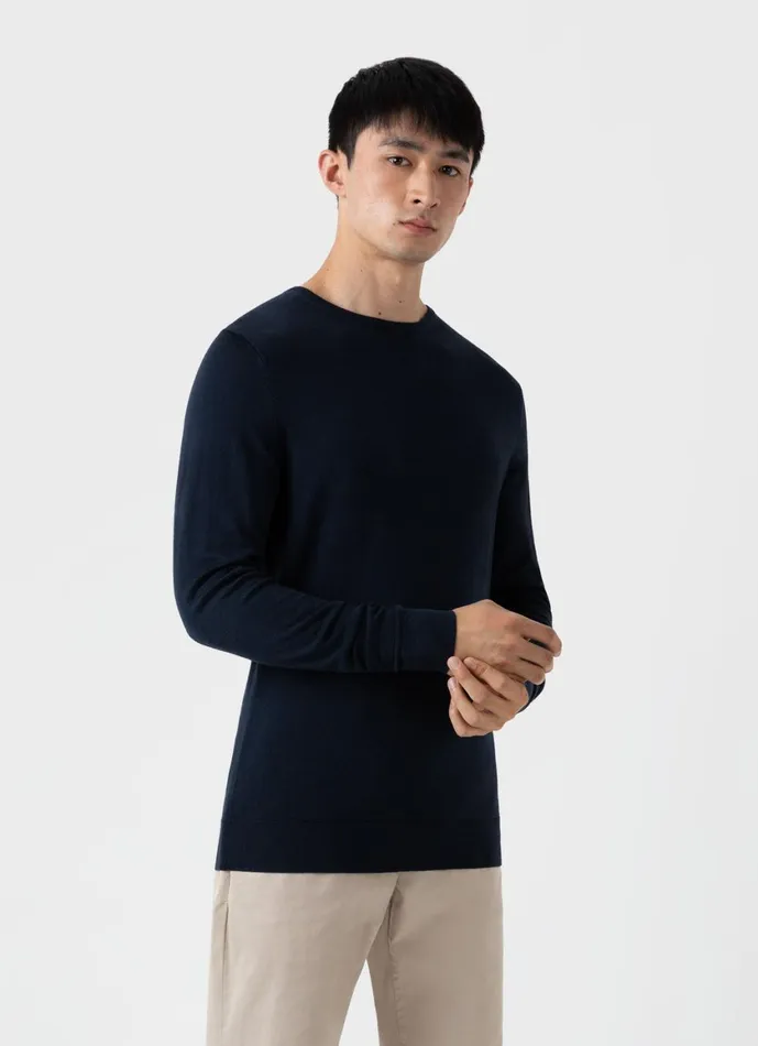 ExtraFine Merino Crew Neck Light Navy Men SUNSPEL Knitwear