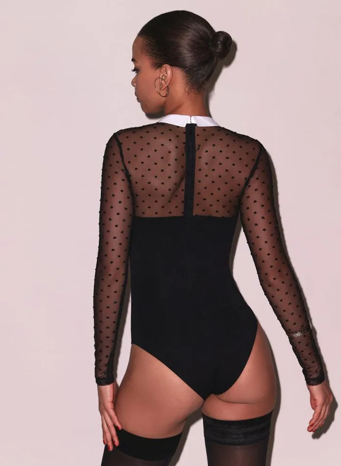 Fleur Du Mal Bodysuits Collared Bodysuit With Dotted Tulle Black 8211 Women Fleur Du Mal Bodysuits Collared Bodysuit With Dotted Tulle Black 8211 Women