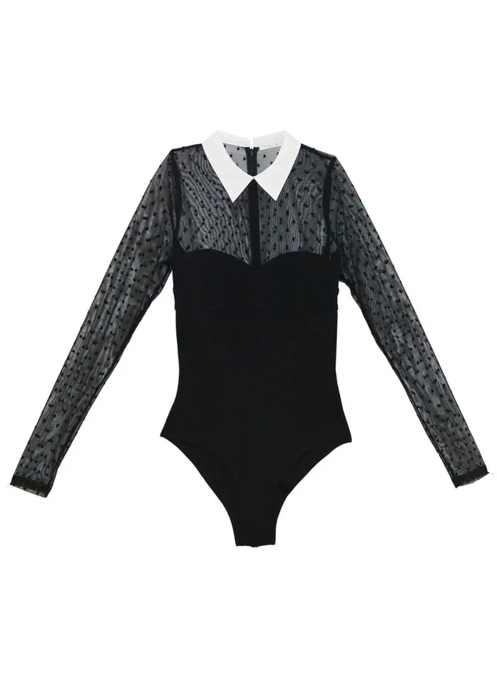 Fleur Du Mal Bodysuits Collared Bodysuit With Dotted Tulle Black 8211 Women Fleur Du Mal Bodysuits Collared Bodysuit With Dotted Tulle Black 8211 Women