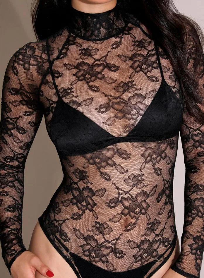 Fleur Du Mal Bodysuits High Neck Lace Bodysuit Black 8211 Women