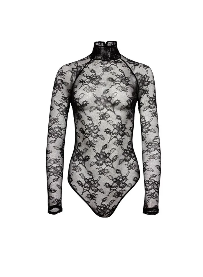 Fleur Du Mal Bodysuits High Neck Lace Bodysuit Black 8211 Women