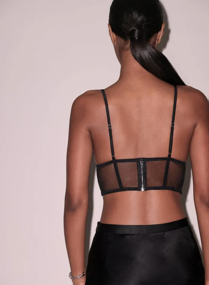 Fleur Du Mal Bralettes and Wireless Bras Whitney Embroidery Longline Triangle Bra Black 8211 Women
