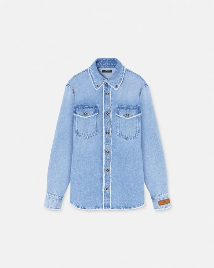 Frayed Denim Overshirt Blue Men Versace Shirts