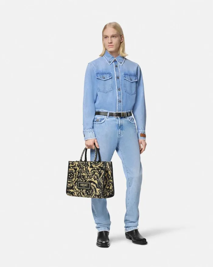 Frayed Denim Overshirt Blue Men Versace Shirts