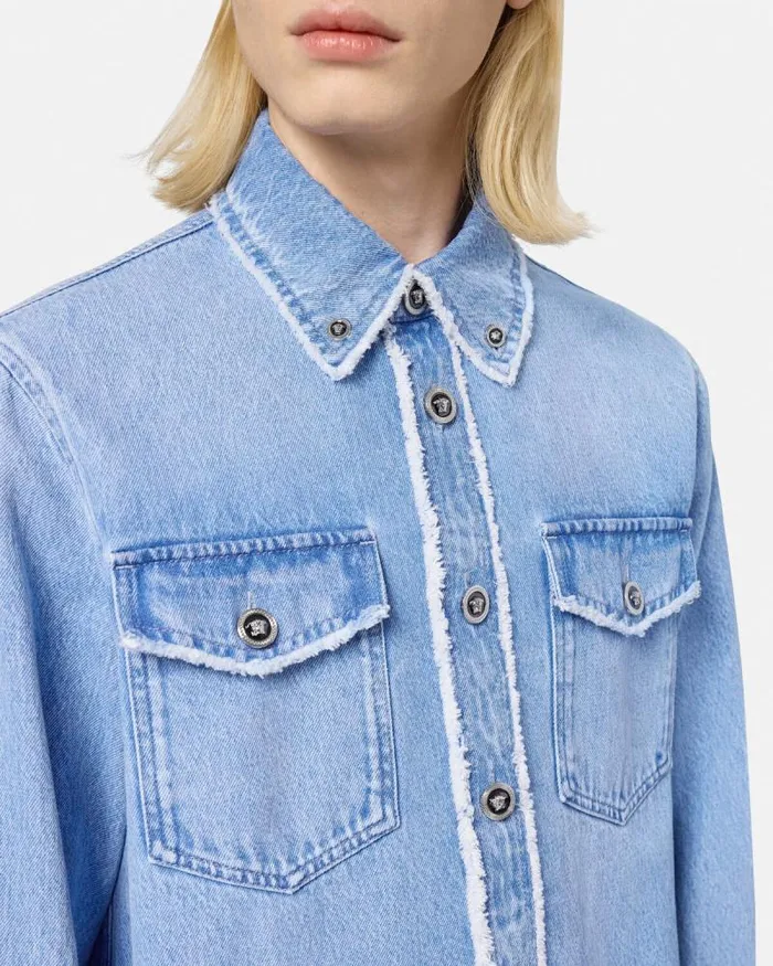 Frayed Denim Overshirt Blue Men Versace Shirts