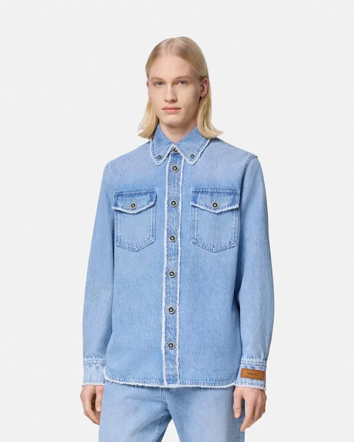 Frayed Denim Overshirt Blue Men Versace Shirts