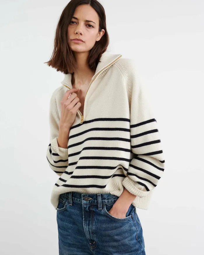 GANZE SWEATER Ivorydark Navy Stripe Women Nili Lotan Knits and Sweaters