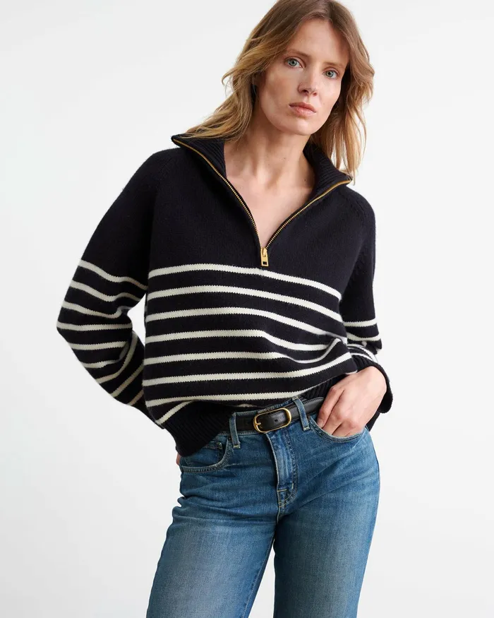 GANZE SWEATER Ivorydark Navy Stripe Women Nili Lotan Knits and Sweaters