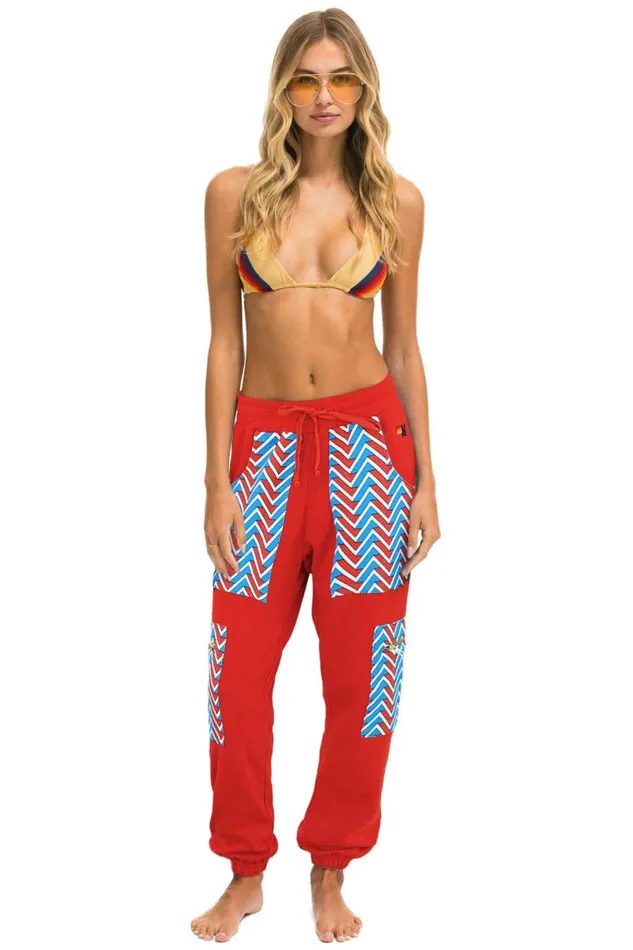 Geo Zig Bolt Embroidery Cargo Color Block Sweatpants 8211 Red Blue Women Aviator Nation Sweatpants