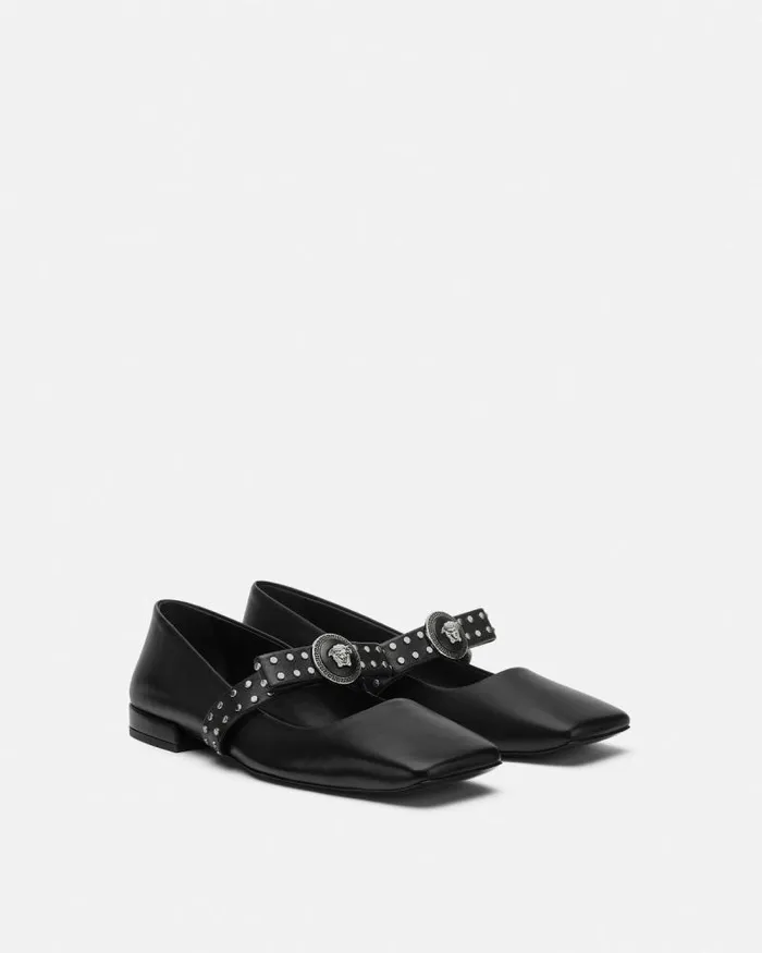 Gianni Ribbon Studded Ballerinas Blacksilver Women Versace Loafers and Flats