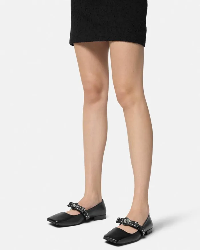 Gianni Ribbon Studded Ballerinas Blacksilver Women Versace Loafers and Flats