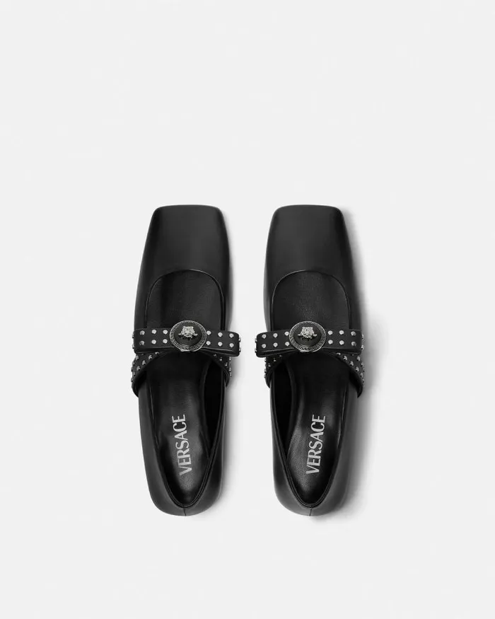 Gianni Ribbon Studded Ballerinas Blacksilver Women Versace Loafers and Flats